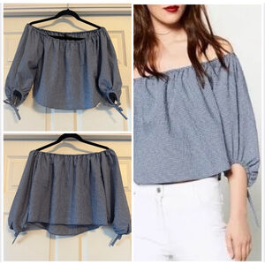 Women Zara Cropped Gingham Blouse XS Blue Black White Bow Sleeve Off Shoulder